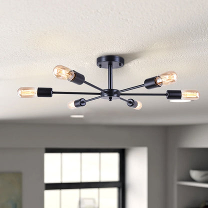 6-Light Modern Industrial Dimmable Sputnik Linear Cluster Semi-Flush Mount Light