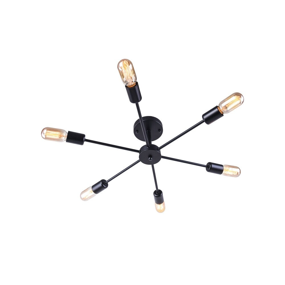 6-Light Modern Industrial Dimmable Sputnik Linear Cluster Semi-Flush Mount Light