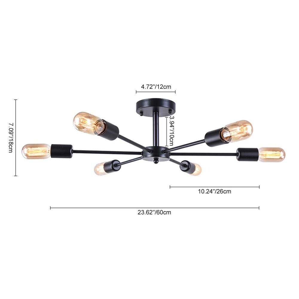 6-Light Modern Industrial Dimmable Sputnik Linear Cluster Semi-Flush Mount Light