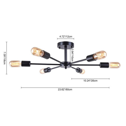 6-Light Modern Industrial Dimmable Sputnik Linear Cluster Semi-Flush Mount Light