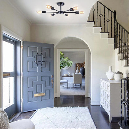 6-Light Modern Industrial Dimmable Sputnik Linear Cluster Semi-Flush Mount Light