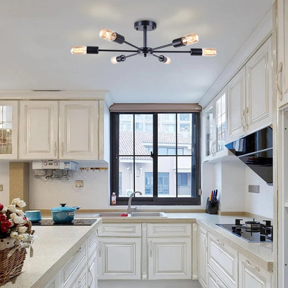 6-Light Modern Industrial Dimmable Sputnik Linear Cluster Semi-Flush Mount Light