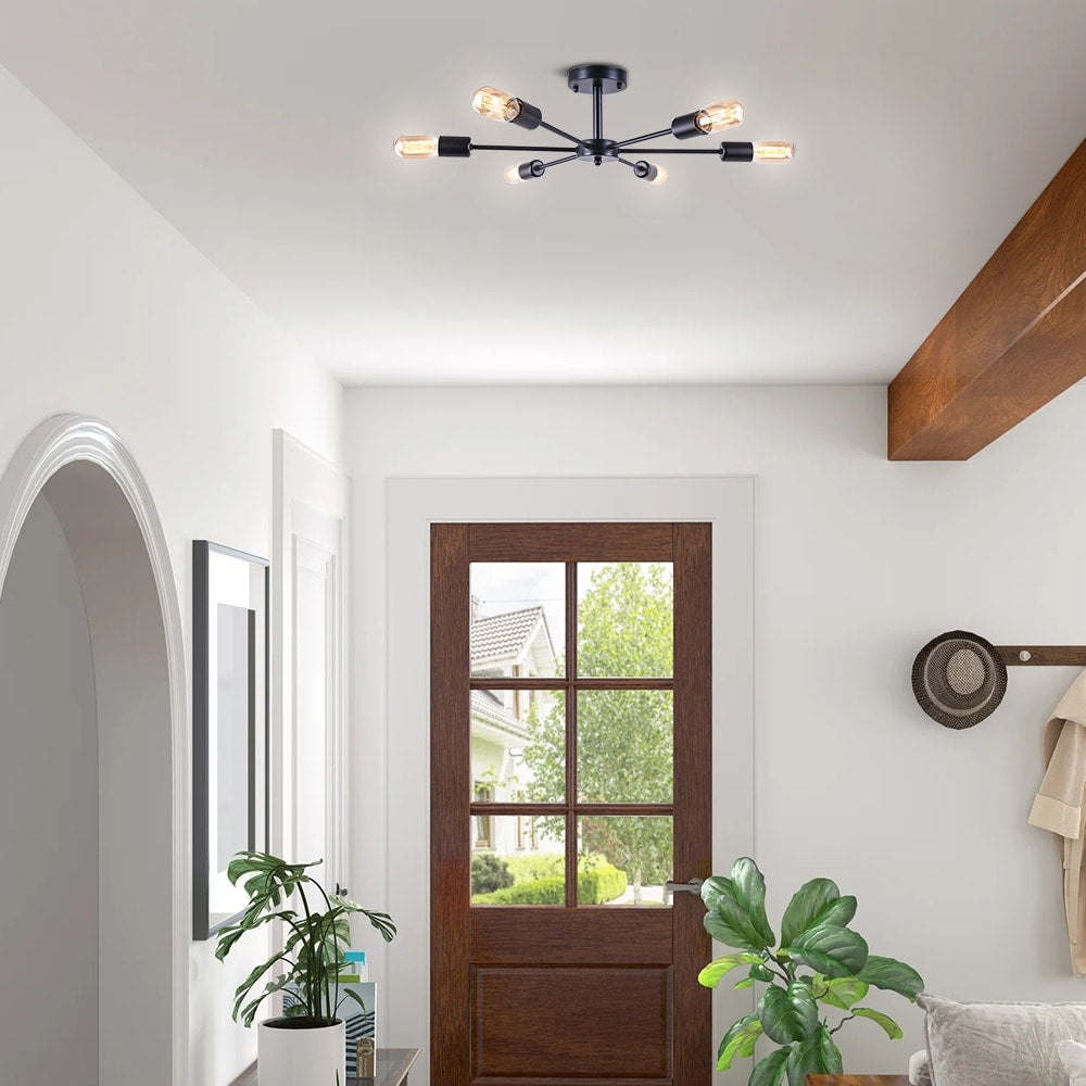 6-Light Modern Industrial Dimmable Sputnik Linear Cluster Semi-Flush Mount Light