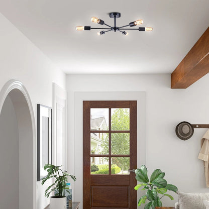 6-Light Modern Industrial Dimmable Sputnik Linear Cluster Semi-Flush Mount Light