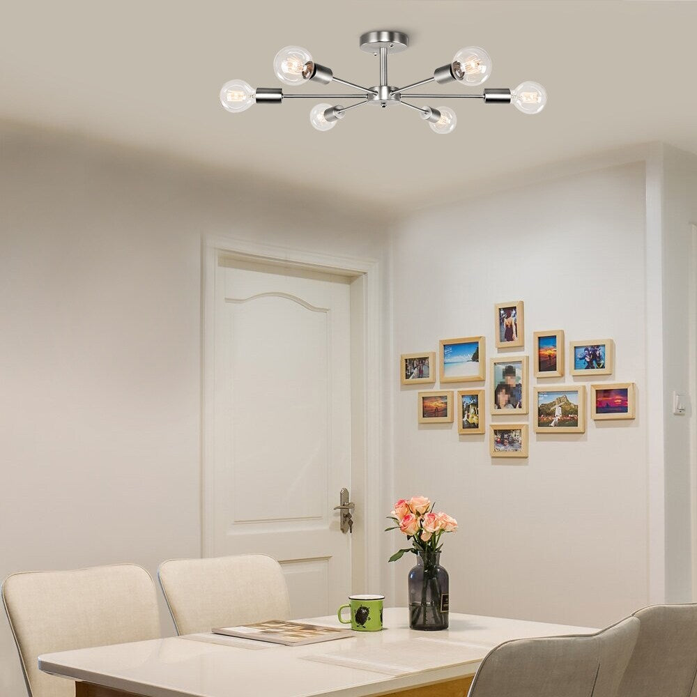 6-Light Modern Industrial Dimmable Sputnik Linear Cluster Semi-Flush Mount Light