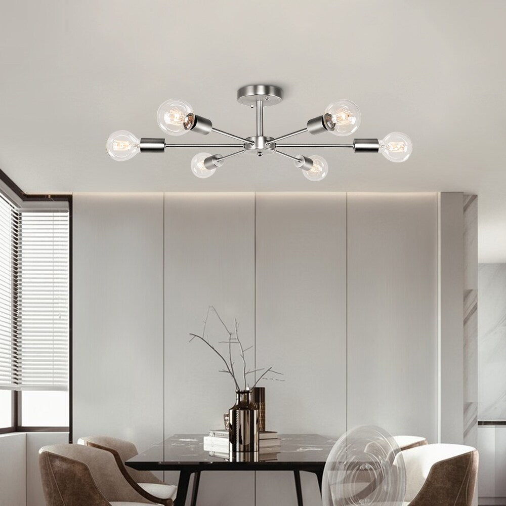 6-Light Modern Industrial Dimmable Sputnik Linear Cluster Semi-Flush Mount Light