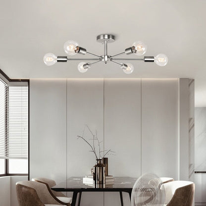 6-Light Modern Industrial Dimmable Sputnik Linear Cluster Semi-Flush Mount Light