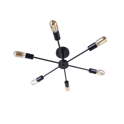 6-Light Modern Industrial Dimmable Sputnik Linear Cluster Semi-Flush Mount Light