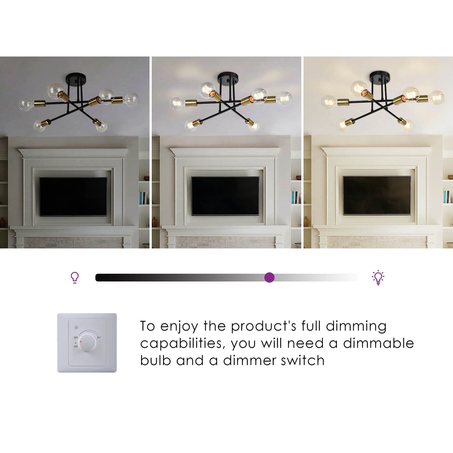 6-Light Modern Industrial Linear Sputnik Branch Semi-Flush Mount Light Ceiling Light