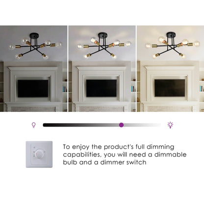 6-Light Modern Industrial Linear Sputnik Branch Semi-Flush Mount Light Ceiling Light