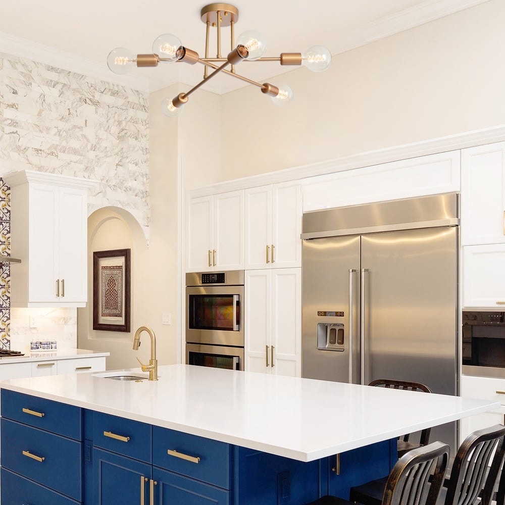 6-Light Modern Industrial Linear Sputnik Branch Semi-Flush Mount Light Ceiling Light