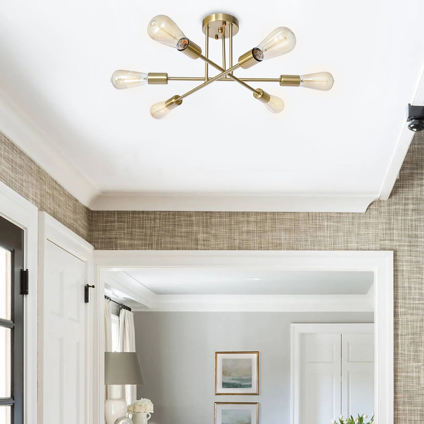 6-Light Modern Industrial Linear Sputnik Branch Semi-Flush Mount Light Ceiling Light