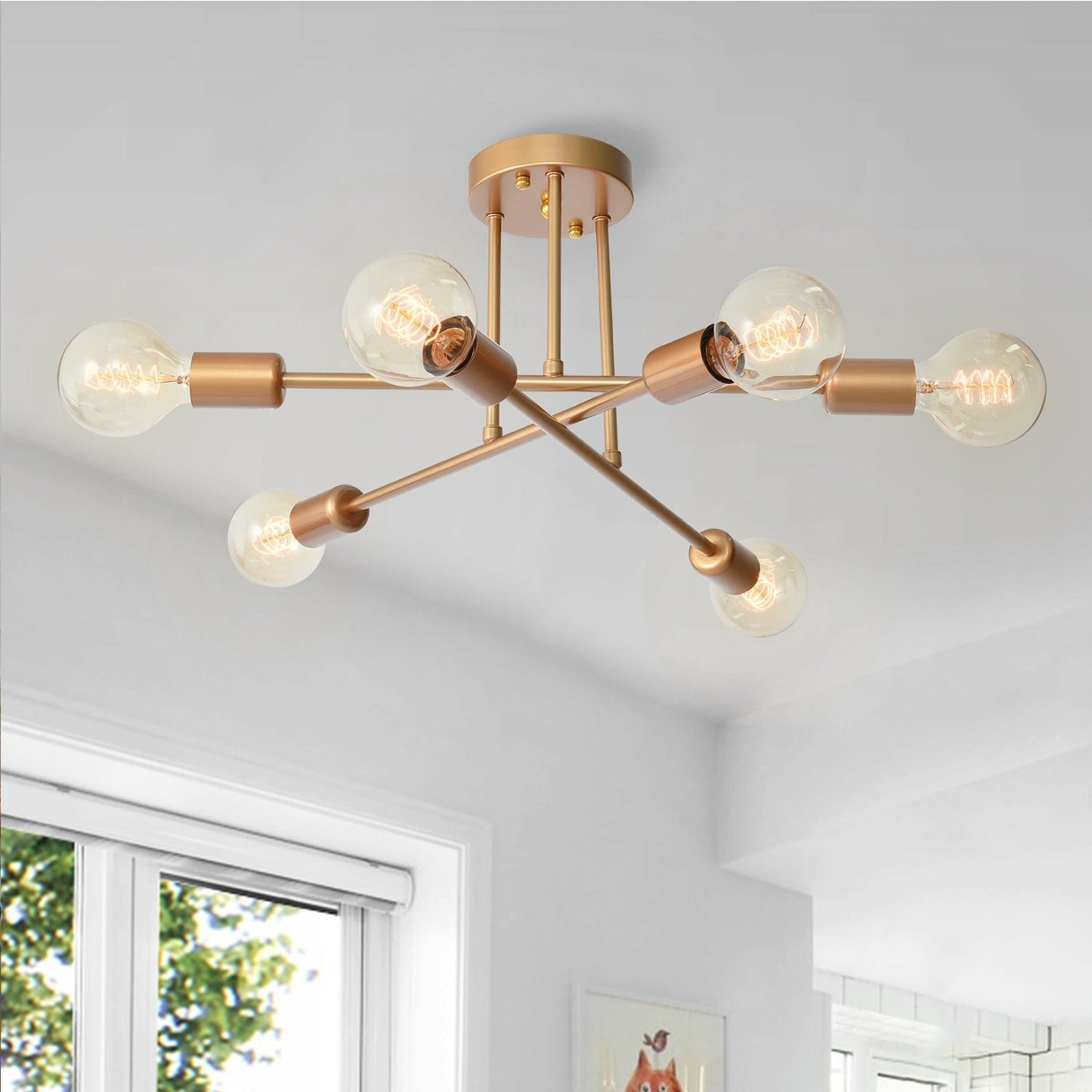 6-Light Modern Industrial Linear Sputnik Branch Semi-Flush Mount Light Ceiling Light