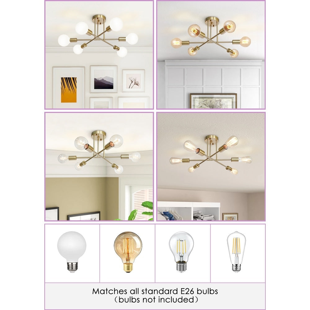 6-Light Modern Industrial Linear Sputnik Branch Semi-Flush Mount Light Ceiling Light