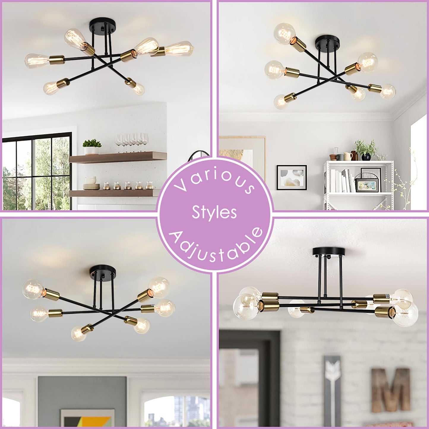 6-Light Modern Industrial Linear Sputnik Branch Semi-Flush Mount Light Ceiling Light