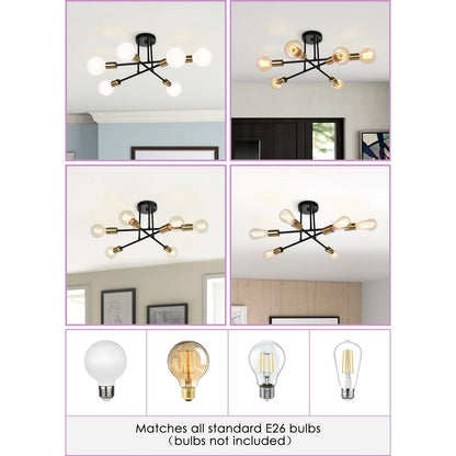 6-Light Modern Industrial Linear Sputnik Branch Semi-Flush Mount Light Ceiling Light