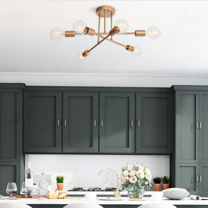 6-Light Modern Industrial Linear Sputnik Branch Semi-Flush Mount Light Ceiling Light