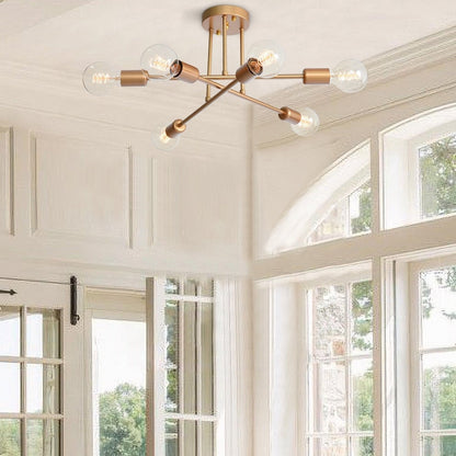 6-Light Modern Industrial Linear Sputnik Branch Semi-Flush Mount Light Ceiling Light