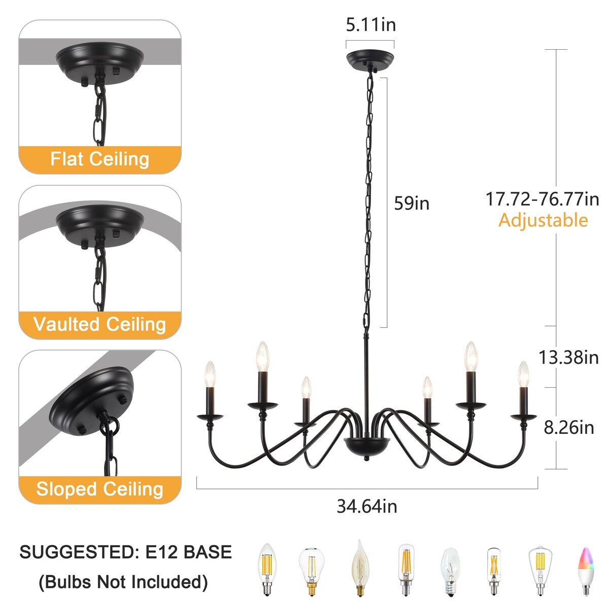 6-Light Rustic Candle Chandelier, Traditional Chandelier , Metal Ceiling Light for Dining Room Living Room Bedroom Kitchen