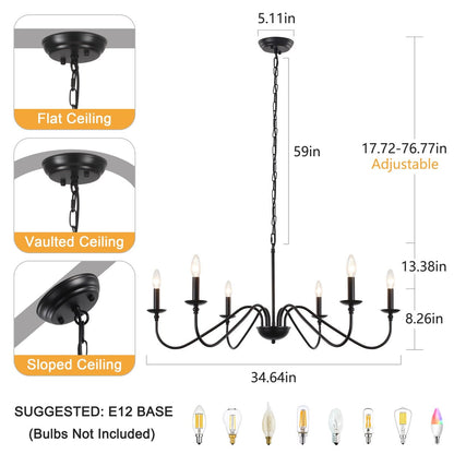 6-Light Rustic Candle Chandelier, Traditional Chandelier , Metal Ceiling Light for Dining Room Living Room Bedroom Kitchen