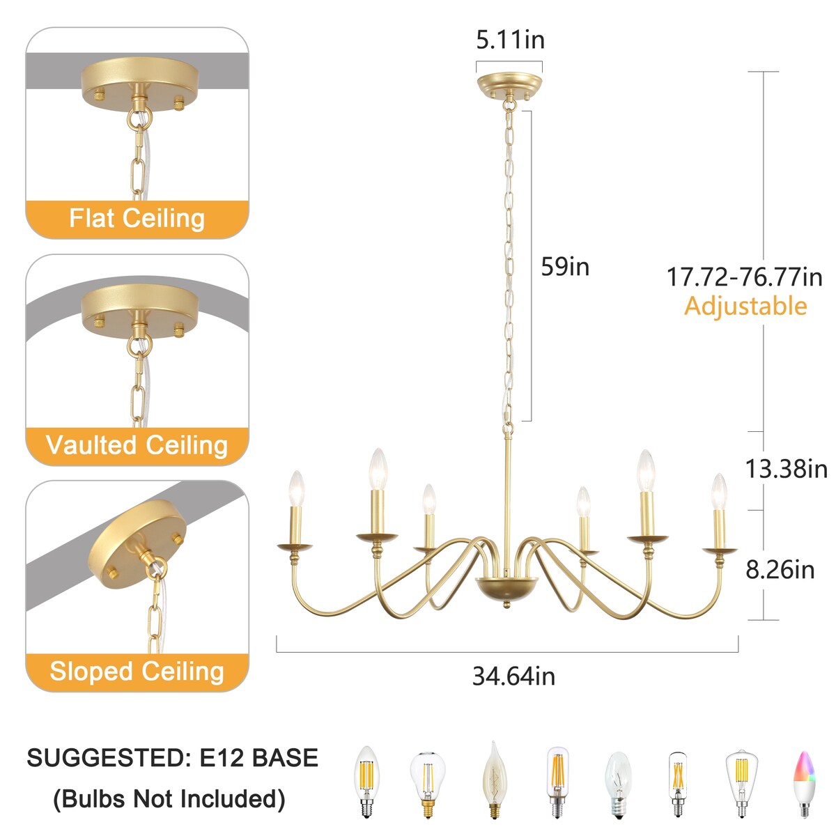 6-Light Rustic Candle Chandelier, Traditional Chandelier , Metal Ceiling Light for Dining Room Living Room Bedroom Kitchen