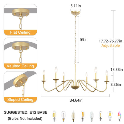 6-Light Rustic Candle Chandelier, Traditional Chandelier , Metal Ceiling Light for Dining Room Living Room Bedroom Kitchen