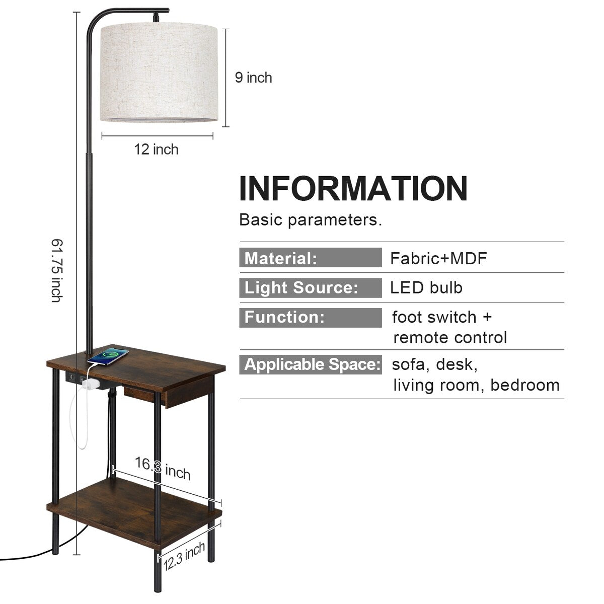 62 inch Floor Lamp with Magazine Desk - Drawer Style