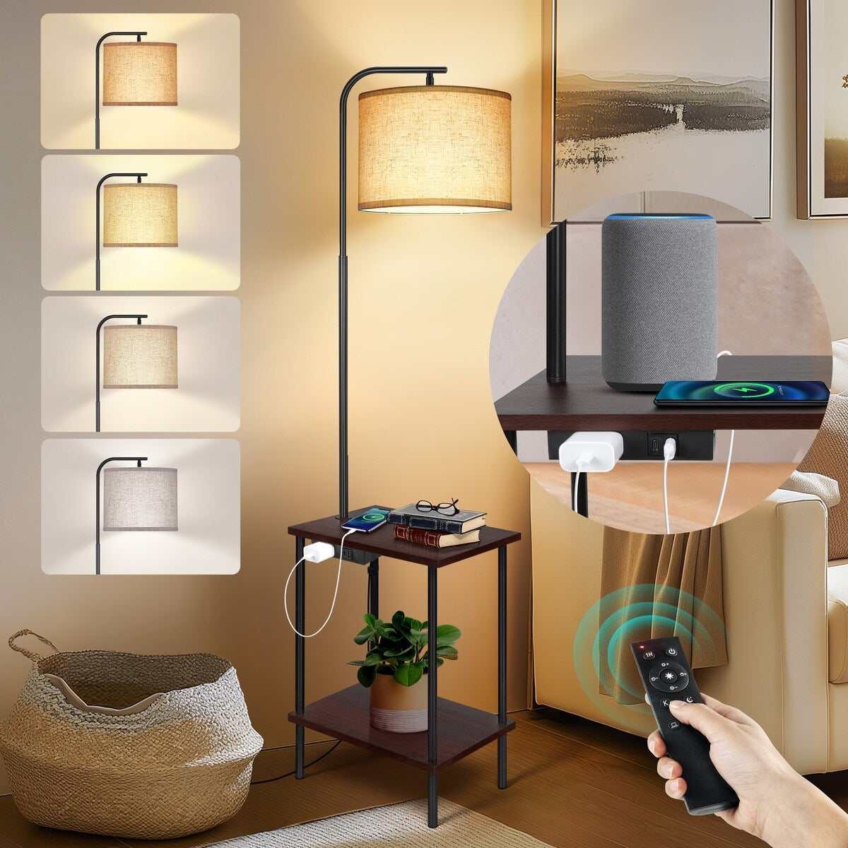 62 inch Floor Lamp with Square Magazine Table - walnut