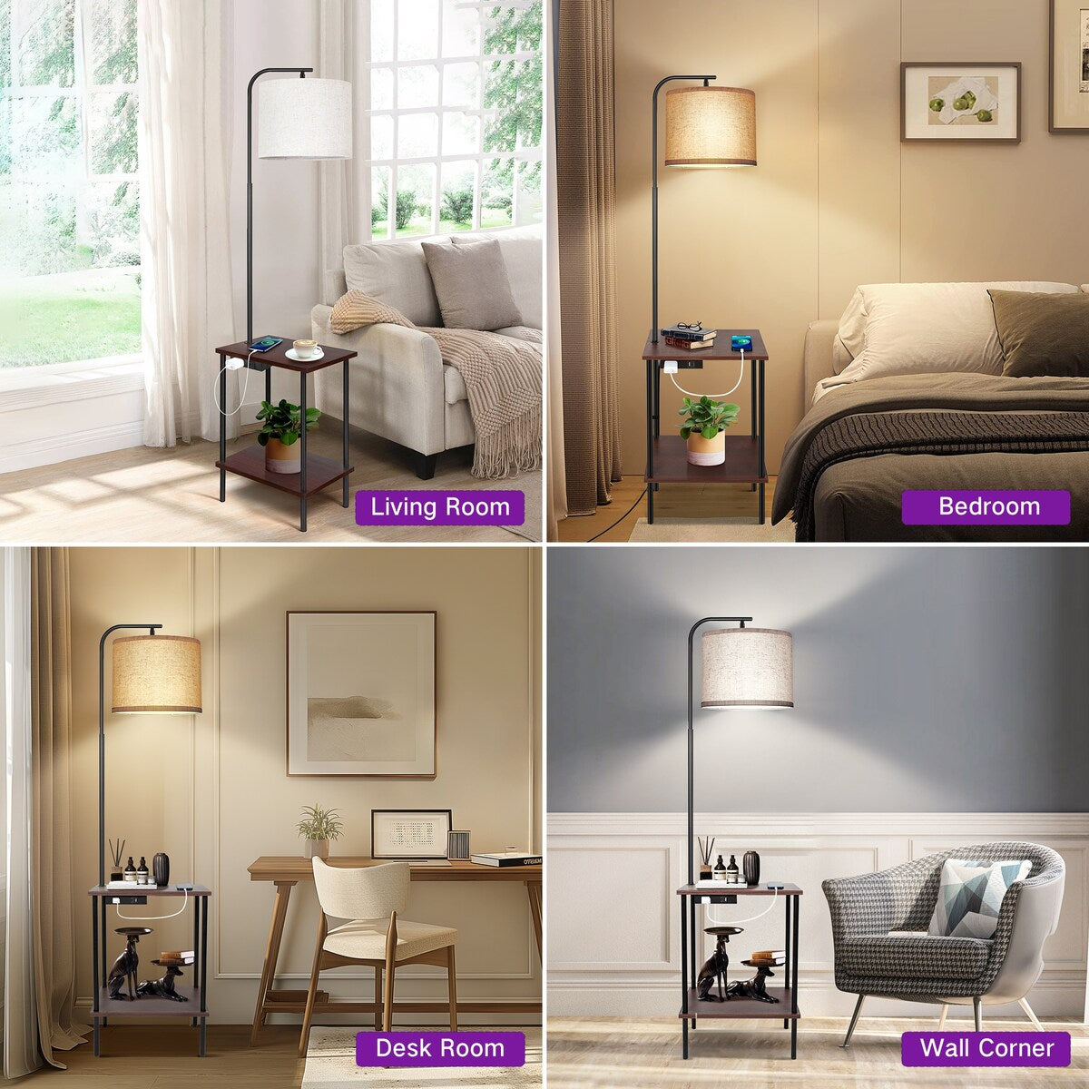 62 inch Floor Lamp with Square Magazine Table - walnut