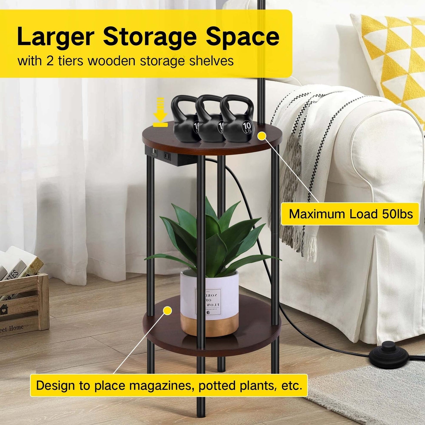 62'' Black Tray Table Floor Lamp with USB and Outlet