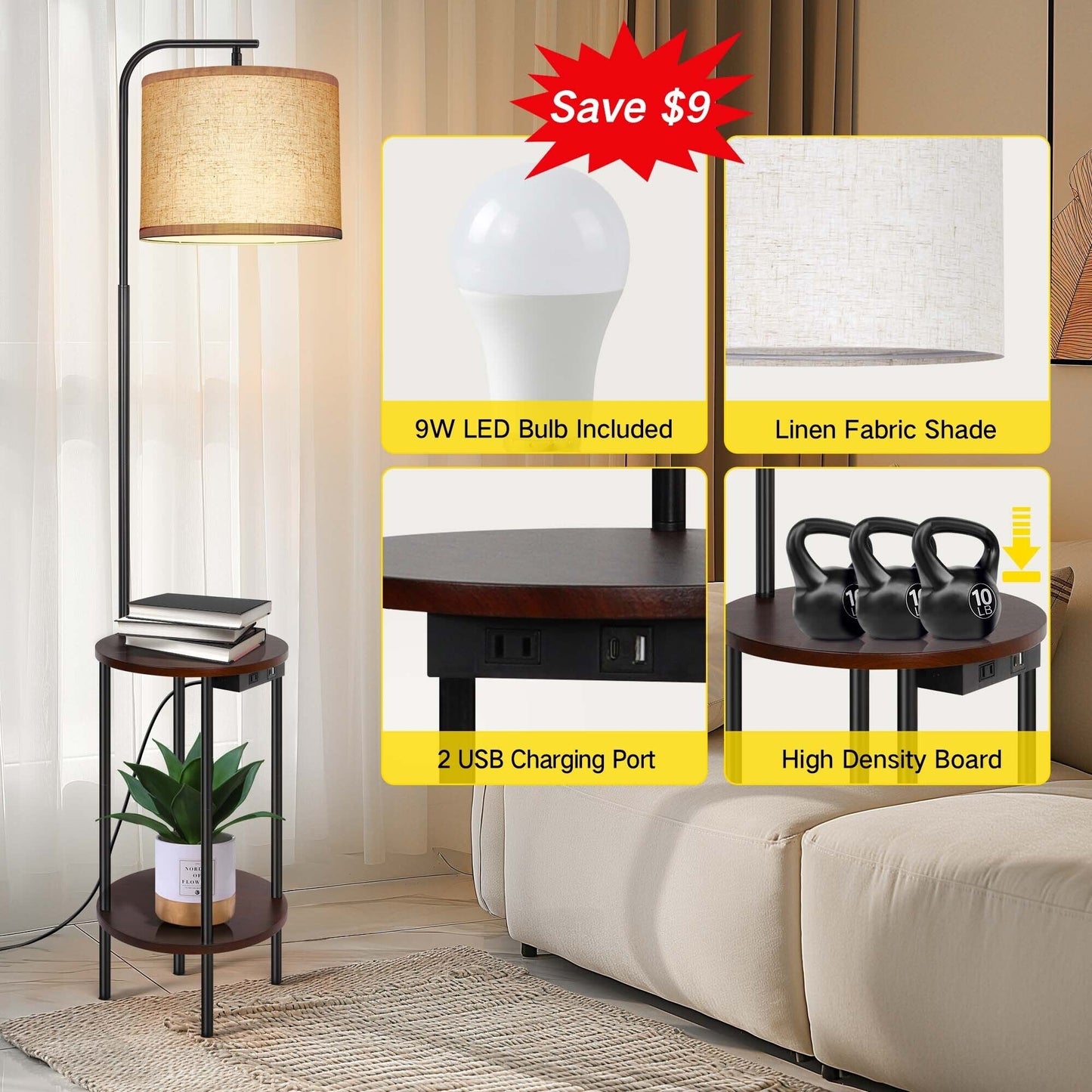 62'' Black Tray Table Floor Lamp with USB and Outlet