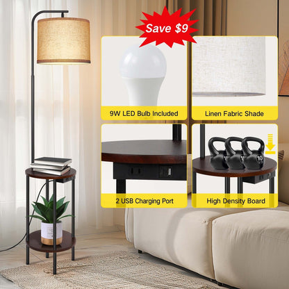 62'' Black Tray Table Floor Lamp with USB and Outlet