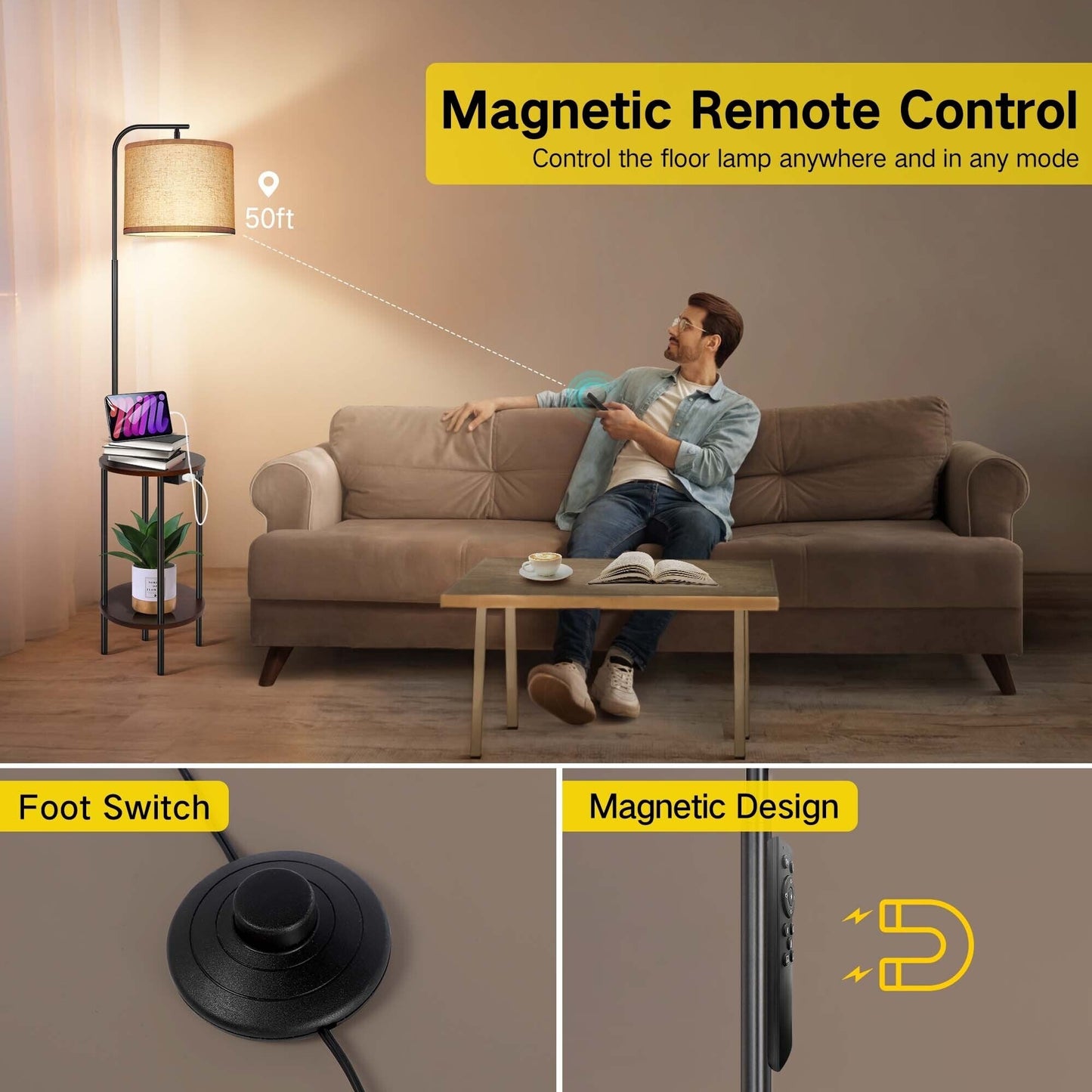 62'' Black Tray Table Floor Lamp with USB and Outlet