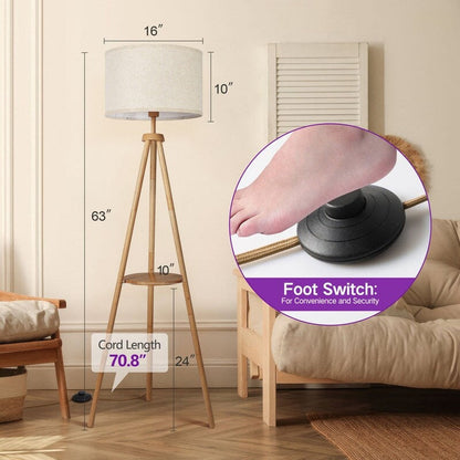 63 in. Walnut Tripod Floor Lamp with Solid Wood Legs and Tray