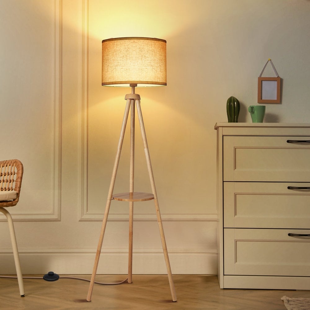63 in. Walnut Tripod Floor Lamp with Solid Wood Legs and Tray
