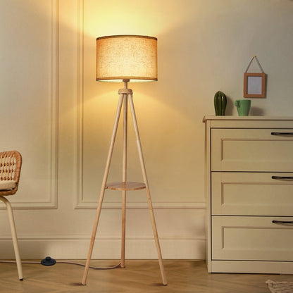 63 in. Walnut Tripod Floor Lamp with Solid Wood Legs and Tray
