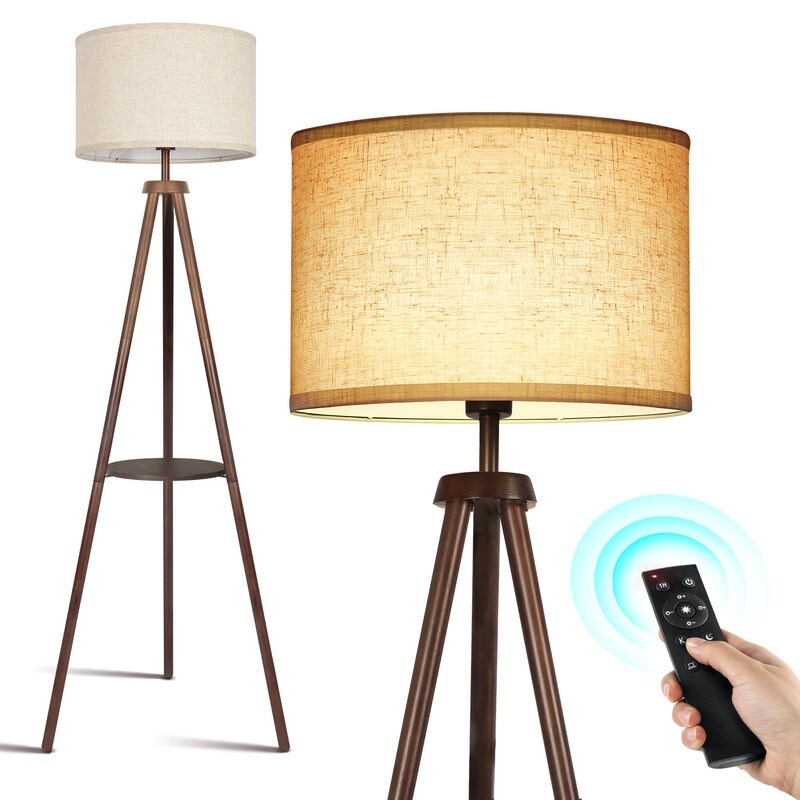 63 in. Walnut Tripod Floor Lamp with Solid Wood Legs and Tray