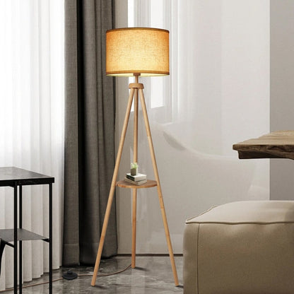 63 in. Walnut Tripod Floor Lamp with Solid Wood Legs and Tray