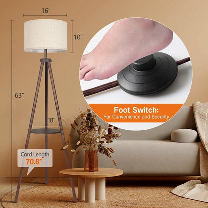 63 in. Walnut Tripod Floor Lamp with Solid Wood Legs and Tray
