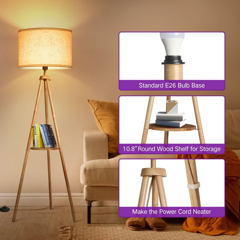 63 in. Walnut Tripod Floor Lamp with Solid Wood Legs and Tray