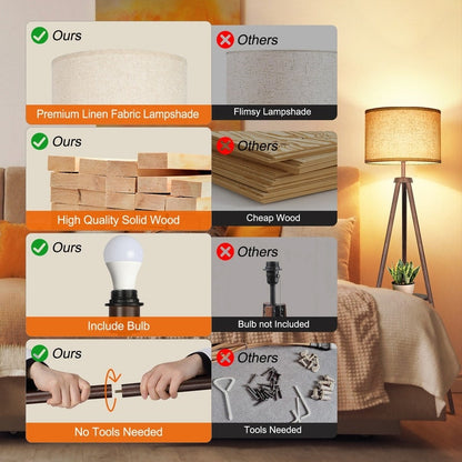 63 in. Walnut Tripod Floor Lamp with Solid Wood Legs and Tray