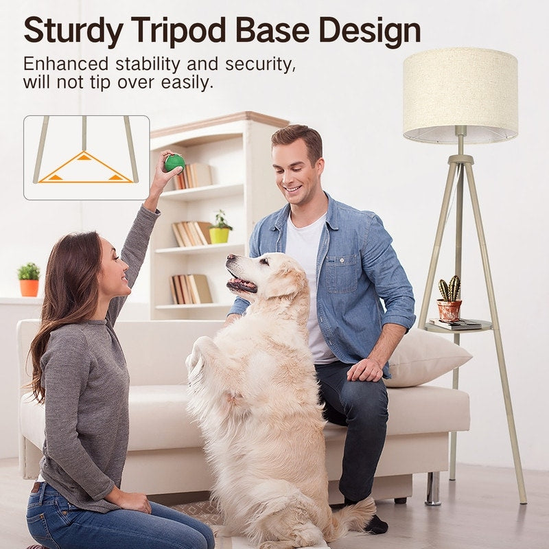 63 in. Walnut Tripod Floor Lamp with Solid Wood Legs and Tray