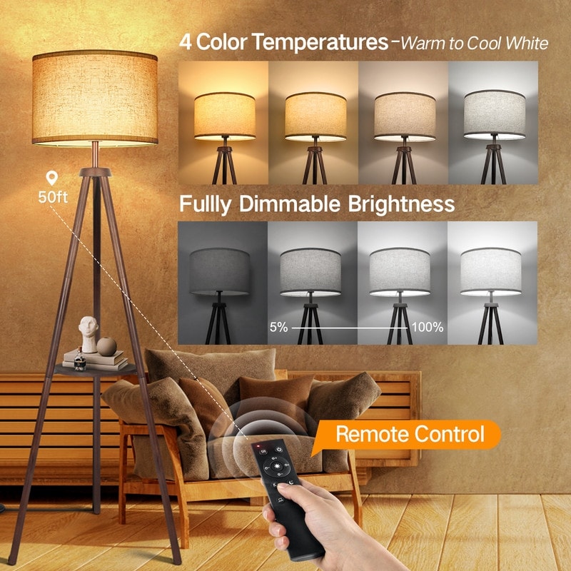 63 in. Walnut Tripod Floor Lamp with Solid Wood Legs and Tray