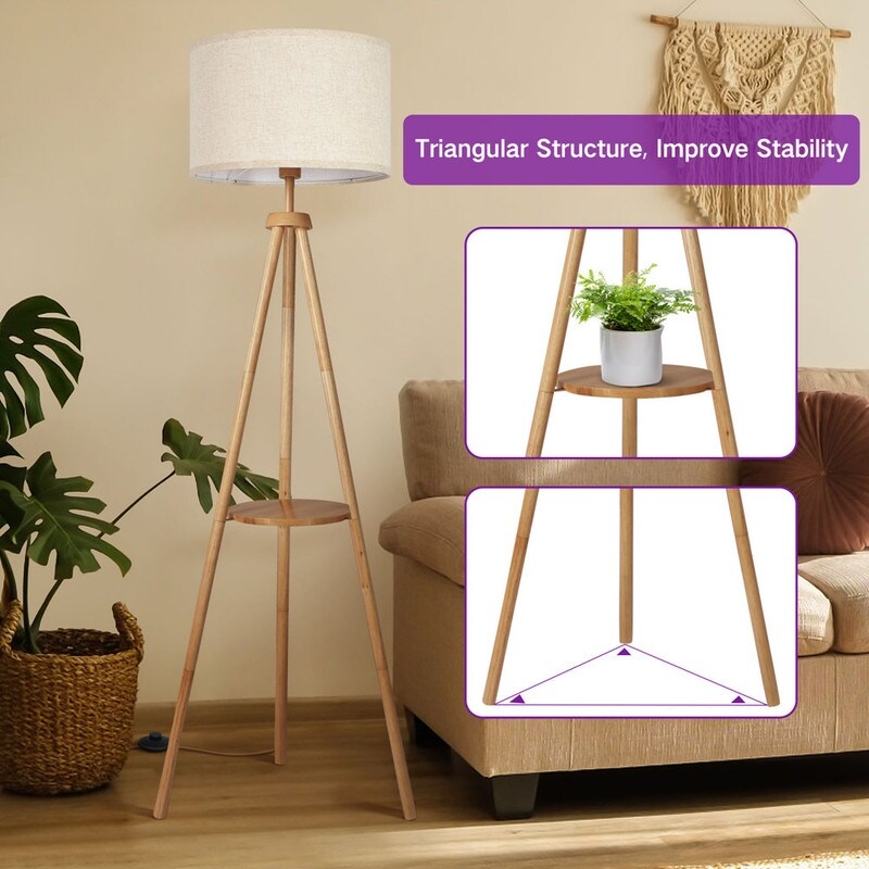 63 in. Walnut Tripod Floor Lamp with Solid Wood Legs and Tray