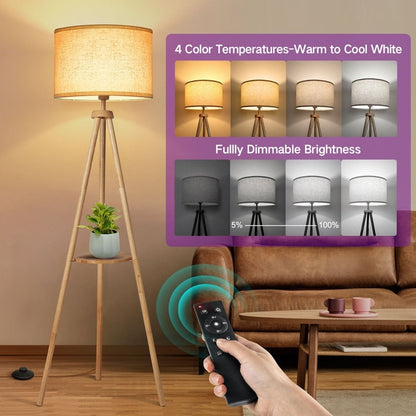 63 in. Walnut Tripod Floor Lamp with Solid Wood Legs and Tray