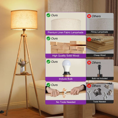 63 in. Walnut Tripod Floor Lamp with Solid Wood Legs and Tray