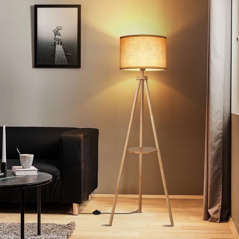 63 in. Walnut Tripod Floor Lamp with Solid Wood Legs and Tray