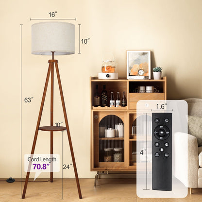 63 in. Walnut Tripod Floor Lamp with Solid Wood Legs and Tray