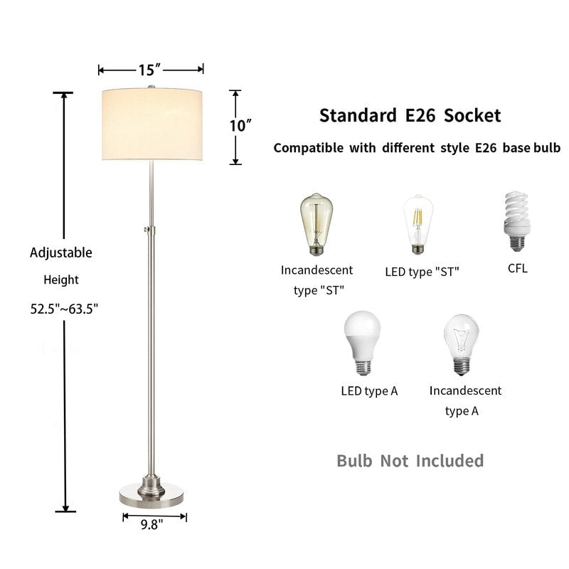 KAWOTI 63.5 Standard Adjustable Floor Lamp with Fabric Linen Shade
