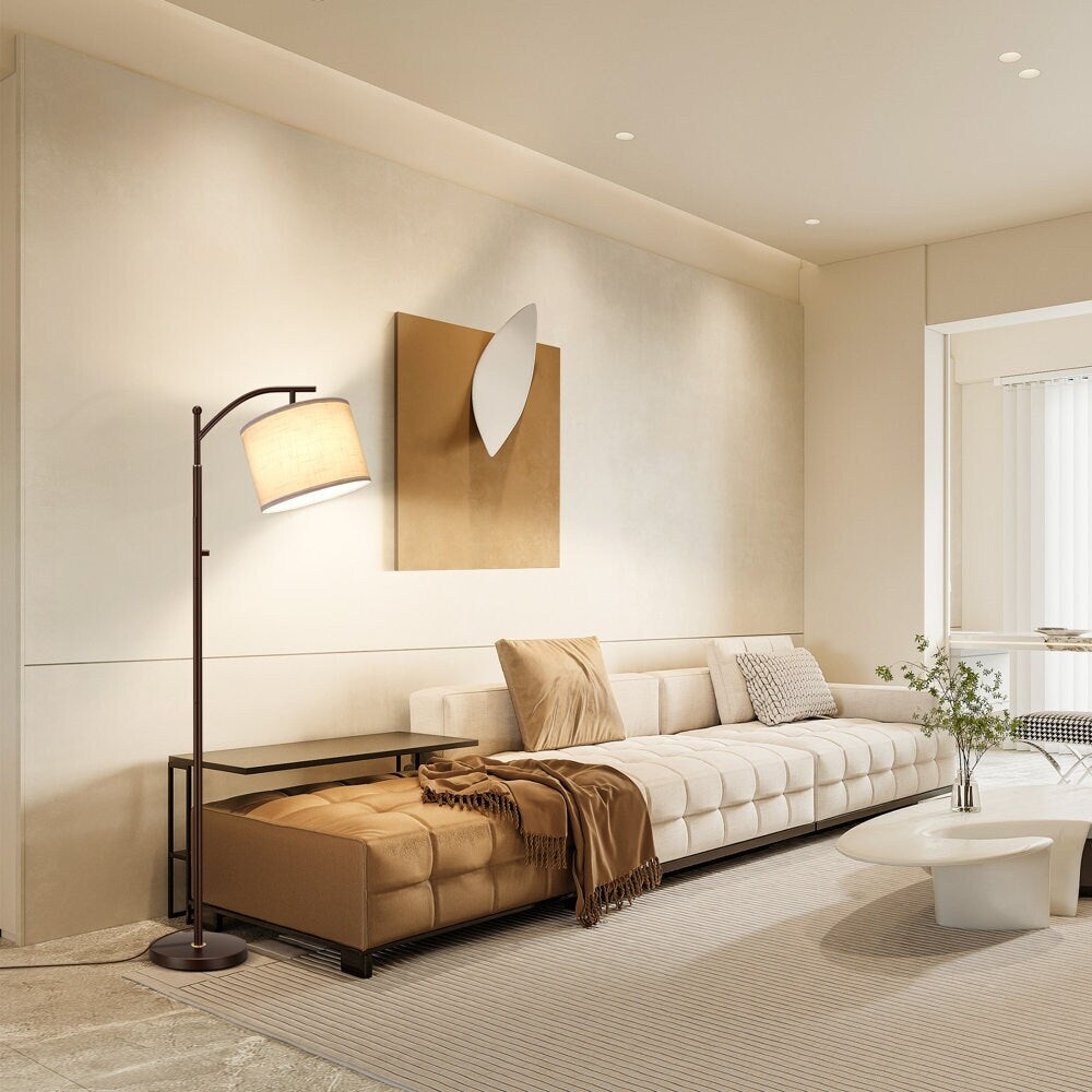 63 Arched Floor Lamp Brown Linen Fabric Lamp Shade for Living Room